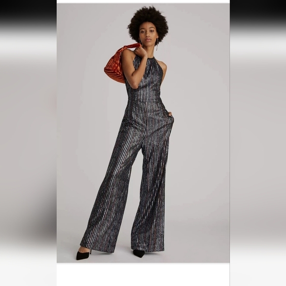 Maeve Pants - Maeve By Anthropologie Disco Halter Wide Leg Sequin Party Jumpsuit US 14 NWOT
